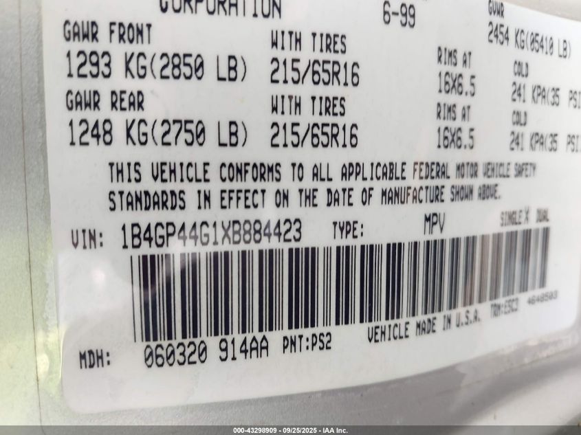 1999 Dodge Grand Caravan Se VIN: 1B4GP44G1XB884423 Lot: 43298909