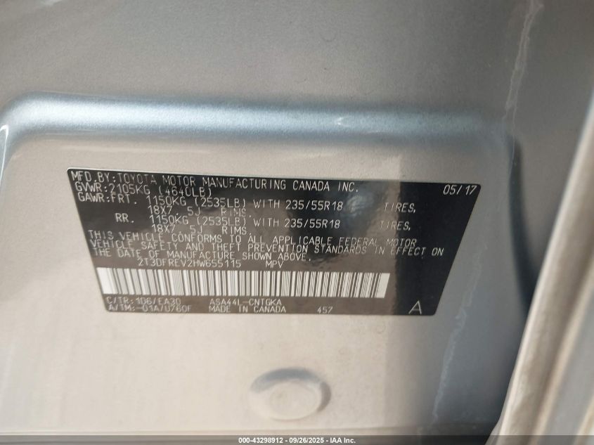 2017 Toyota Rav4 Platinum VIN: 2T3DFREV2HW655115 Lot: 43298912