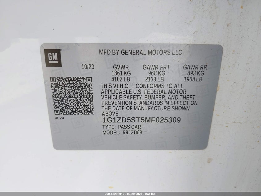 2021 CHEVROLET MALIBU FWD LT - 1G1ZD5ST5MF025309