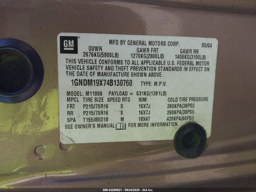 2004 Chevrolet Astro VIN: 1GNDM19X74B130760 Lot: 43298921