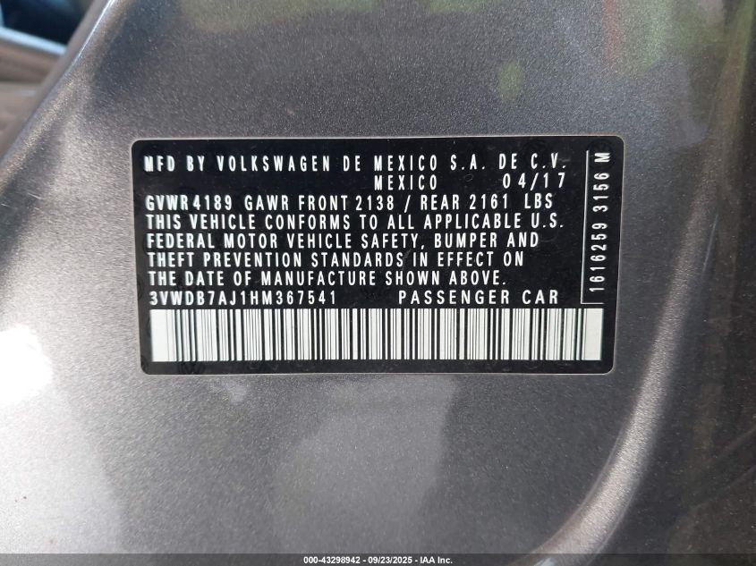2017 Volkswagen Jetta 1.4T Se VIN: 3VWDB7AJ1HM367541 Lot: 43298942