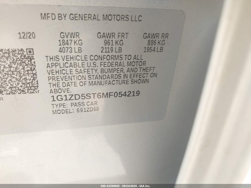 2021 CHEVROLET MALIBU FWD LT 1G1ZD5ST6MF054219