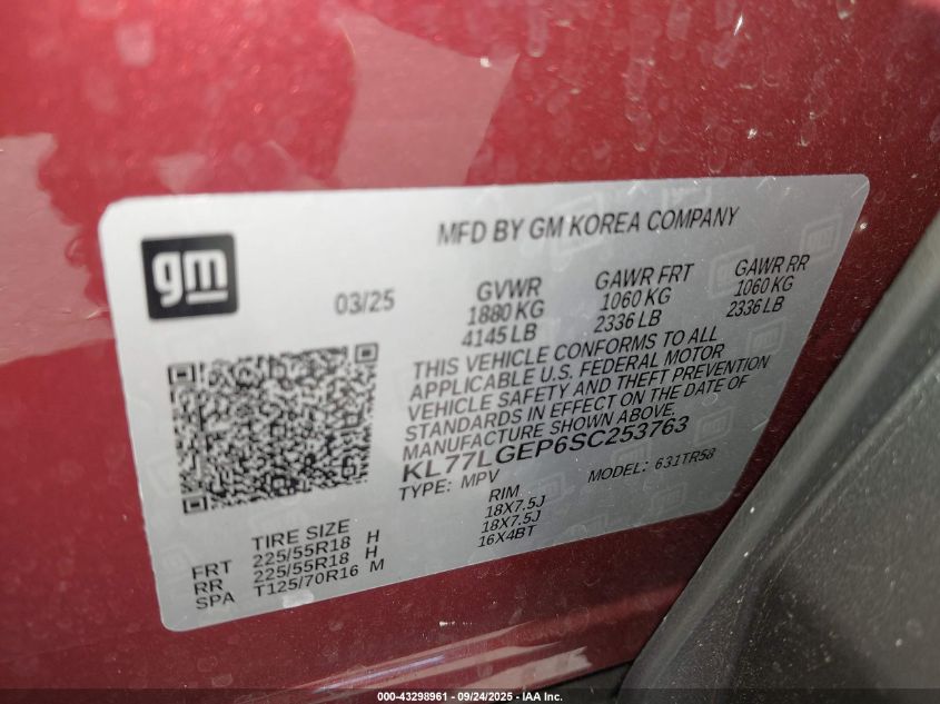 2025 Chevrolet Trax Fwd 1Rs VIN: KL77LGEP6SC253763 Lot: 43298961