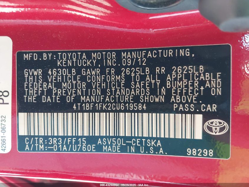 2012 Toyota Camry Se Limited Edition VIN: 4T1BF1FK2CU619584 Lot: 43298964