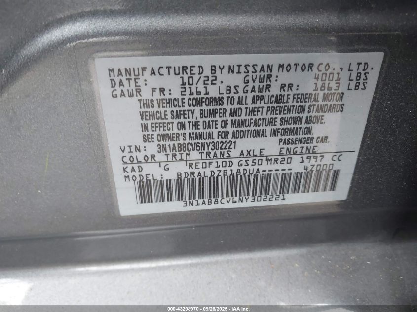 2022 Nissan Sentra Sv Xtronic Cvt VIN: 3N1AB8CV6NY302221 Lot: 43298970