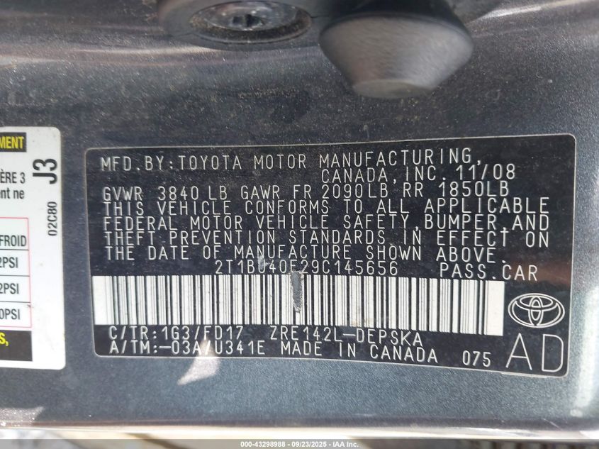 2009 Toyota Corolla S VIN: 2T1BU40E29C145656 Lot: 43298988