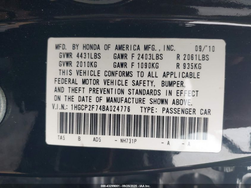 2011 Honda Accord 2.4 Ex VIN: 1HGCP2F74BA024776 Lot: 43299001