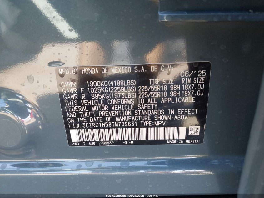2026 Honda Hr-V 2Wd Sport VIN: 3CZRZ1H58TM709631 Lot: 43299005