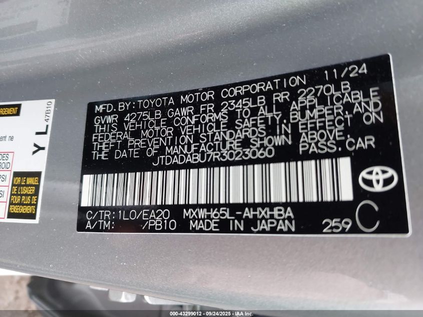 2024 Toyota Prius Limited Awd-E VIN: JTDADABU7R3023060 Lot: 43299012