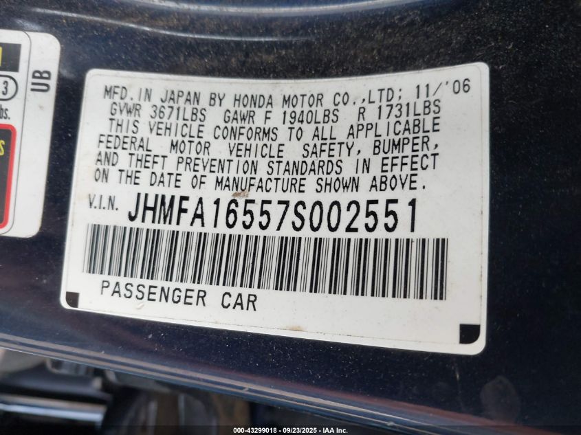 2007 Honda Civic Lx VIN: JHMFA16557S002551 Lot: 43299018