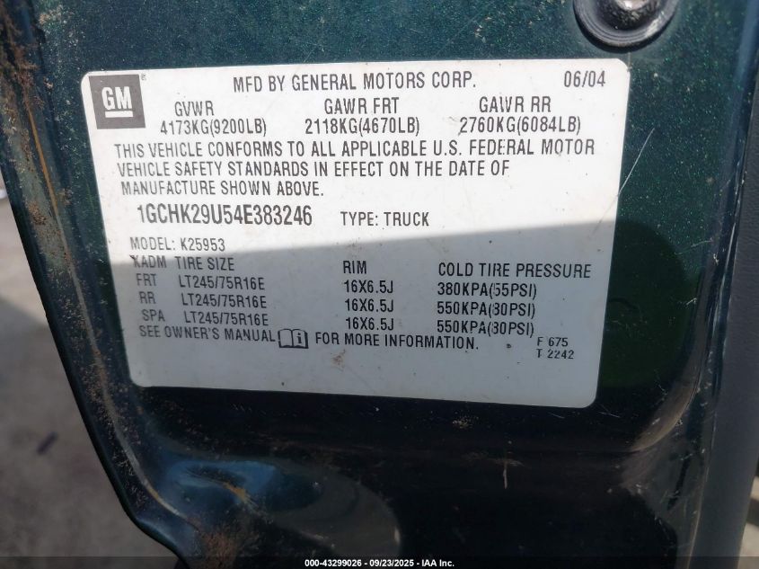 2004 Chevrolet Silverado 2500Hd Ls VIN: 1GCHK29U54E383246 Lot: 43299026
