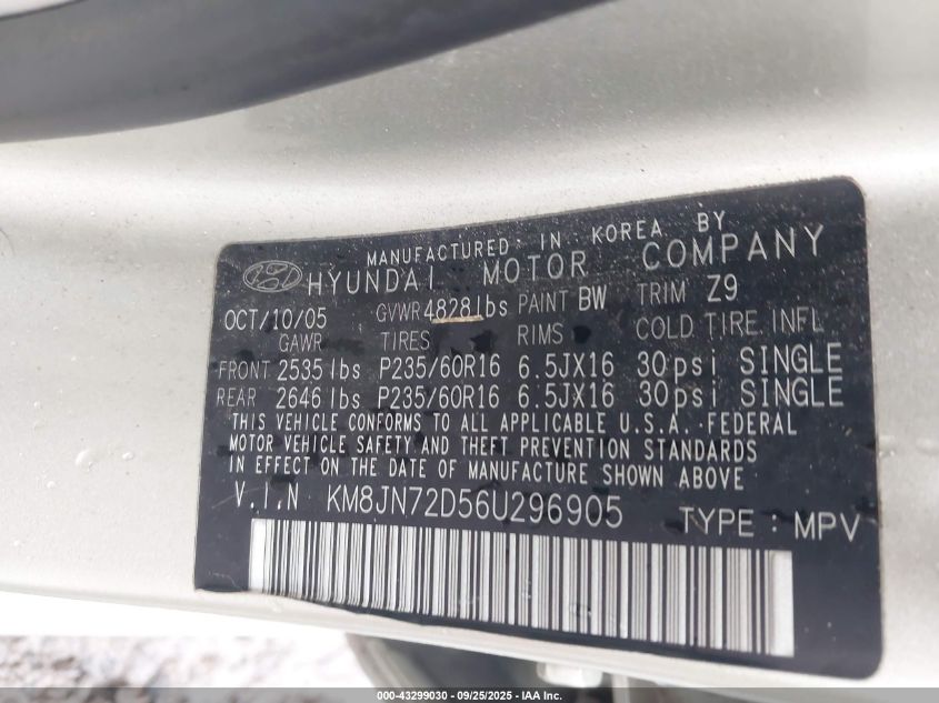 2006 Hyundai Tucson Gls/Limited VIN: KM8JN72D56U296905 Lot: 43299030