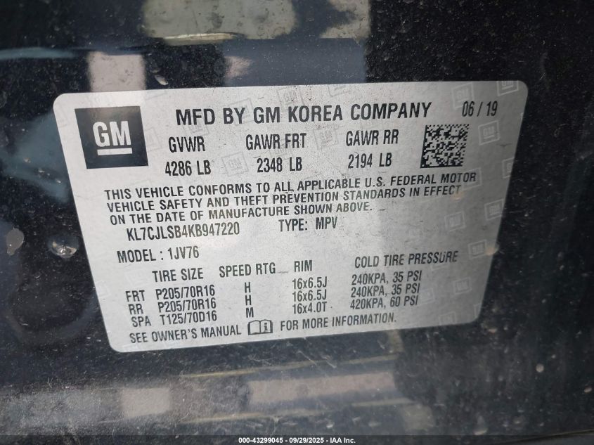 2019 Chevrolet Trax Lt VIN: KL7CJLSB4KB947220 Lot: 43299045