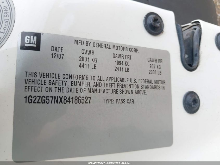 2008 Pontiac G6 VIN: 1G2ZG57NX84186527 Lot: 43299047