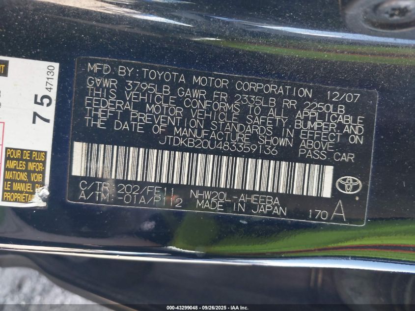 2008 Toyota Prius VIN: JTDKB20U483359136 Lot: 43299048