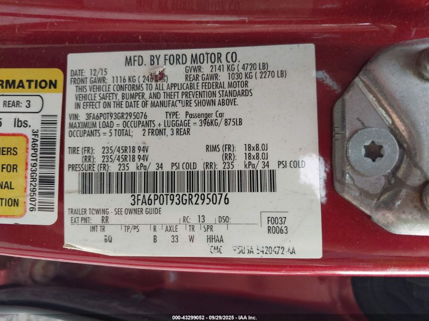 2016 Ford Fusion Se VIN: 3FA6P0T93GR295076 Lot: 43299052