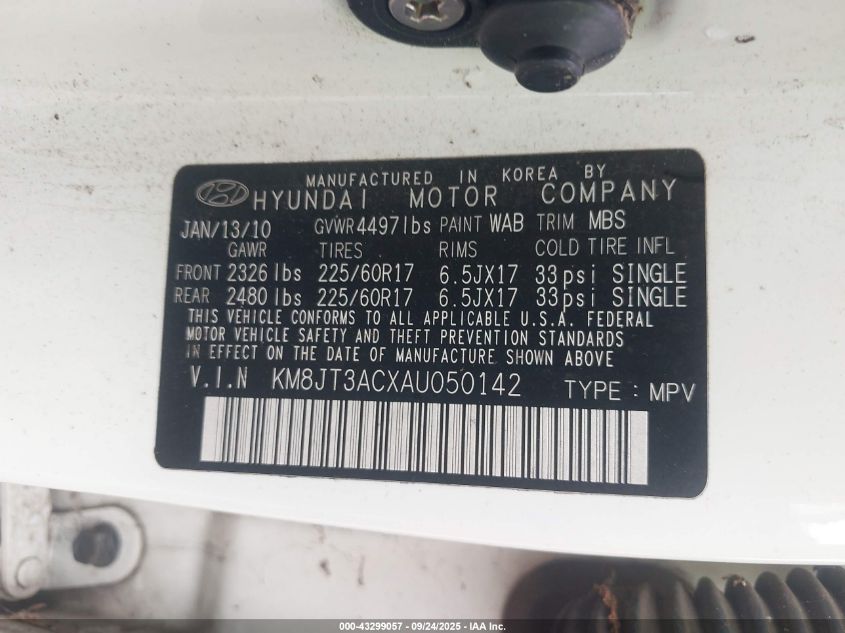 2010 Hyundai Tucson Gls VIN: KM8JT3ACXAU050142 Lot: 43299057