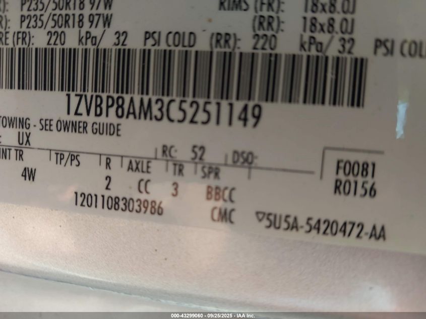 2012 Ford Mustang V6 Premium VIN: 1ZVBP8AM3C5251149 Lot: 43299060