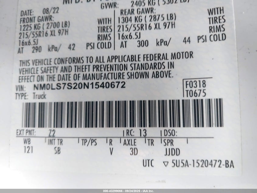 2022 Ford Transit Connect Xl VIN: NM0LS7S20N1540672 Lot: 43299066