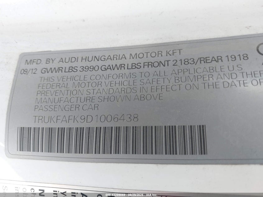 2013 Audi Tt 2.0T Premium Plus VIN: TRUKFAFK9D1006438 Lot: 43299069