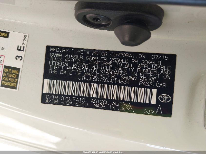 2016 Scion Tc VIN: JTKJF5C7XGJ014834 Lot: 43299080