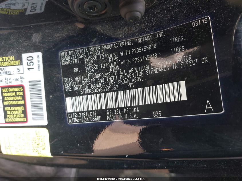 2016 Toyota Sienna Xle Premium 7 Passenger VIN: 5TDDK3DC4GS135362 Lot: 43299081