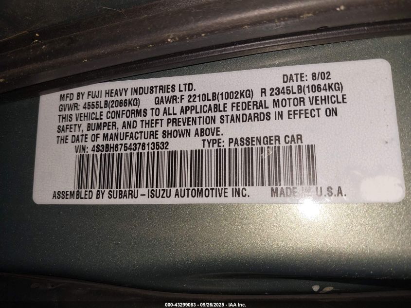 2003 Subaru Outback VIN: 4S3BH675437613532 Lot: 43299083