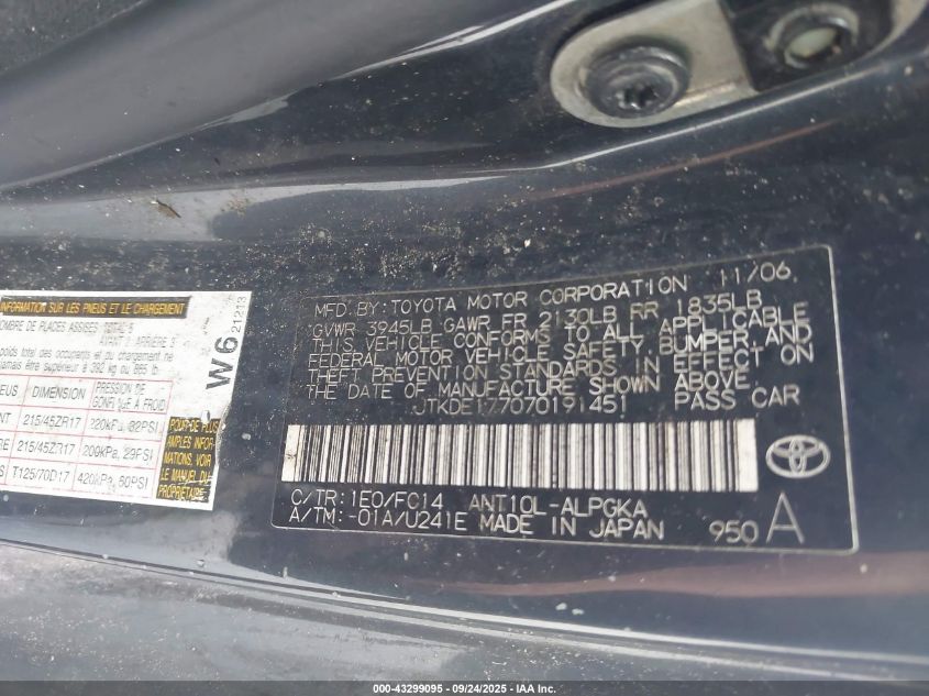 2007 Scion Tc VIN: JTKDE177070191451 Lot: 43299095