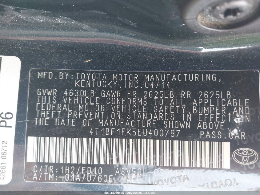 2014 Toyota Camry Le VIN: 4T1BF1FK5EU400797 Lot: 43299105
