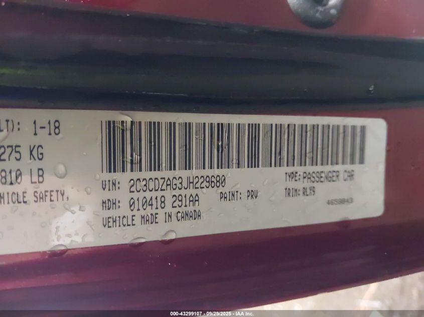 2018 Dodge Challenger Sxt Plus VIN: 2C3CDZAG3JH229680 Lot: 43299107