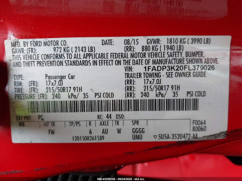 2015 Ford Focus Se VIN: 1FADP3K20FL379026 Lot: 43299108