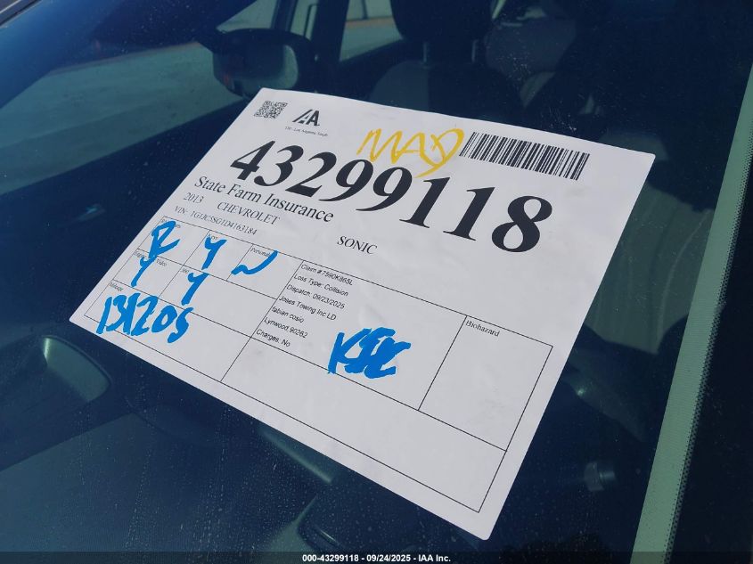 2013 Chevrolet Sonic Lt Auto VIN: 1G1JC5SG1D4163184 Lot: 43299118