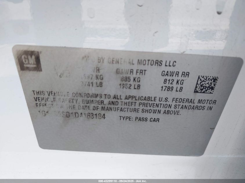 2013 Chevrolet Sonic Lt Auto VIN: 1G1JC5SG1D4163184 Lot: 43299118