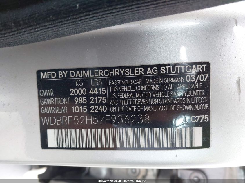 2007 Mercedes-Benz C 230 Sport VIN: WDBRF52H57F936238 Lot: 43299123