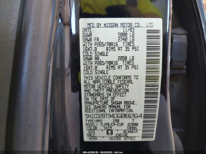 2004 Nissan Xterra Xe VIN: 5N1ED28T94C608264 Lot: 43299126