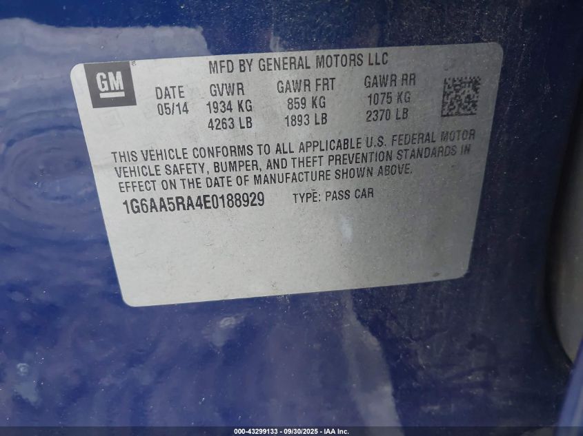 2014 Cadillac Ats Standard VIN: 1G6AA5RA4E0188929 Lot: 43299133