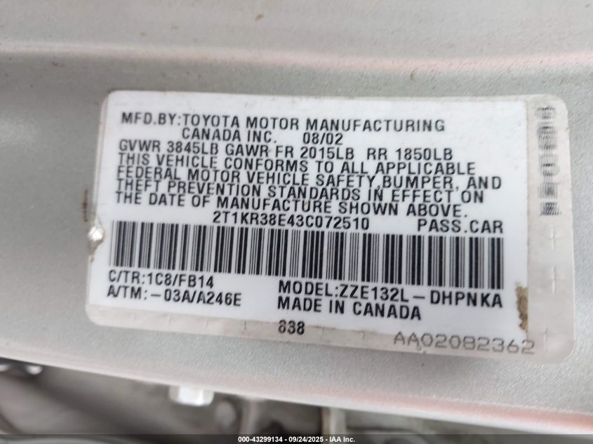 2003 Toyota Matrix Xr VIN: 2T1KR38E43C072510 Lot: 43299134