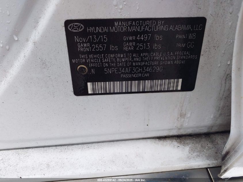 2016 Hyundai Sonata Sport VIN: 5NPE34AF3GH346290 Lot: 43299142