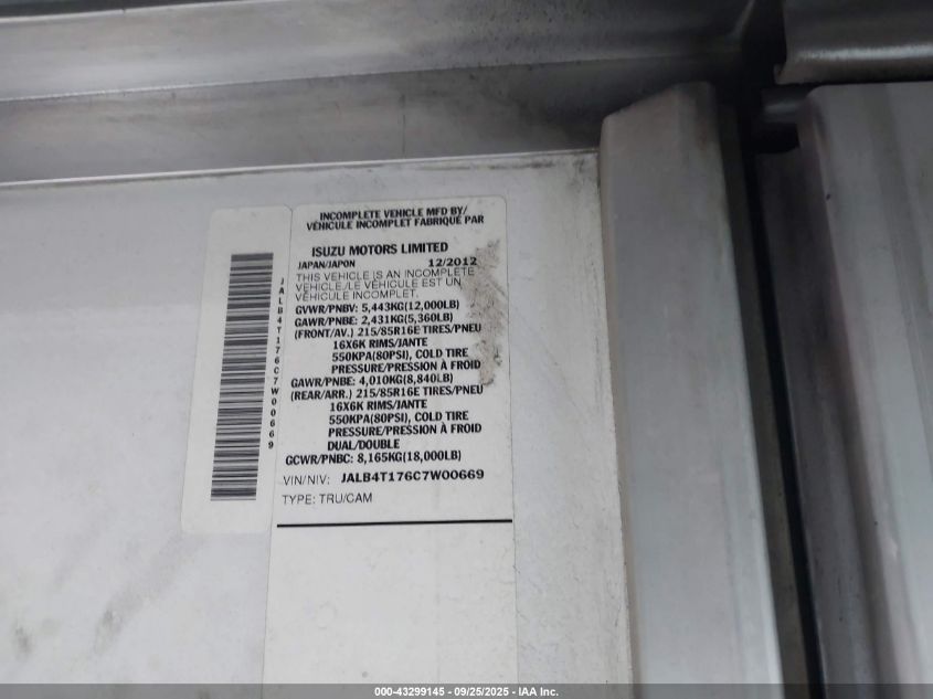 2012 Isuzu Commercial Van VIN: JALB4T176C7W00669 Lot: 43299145