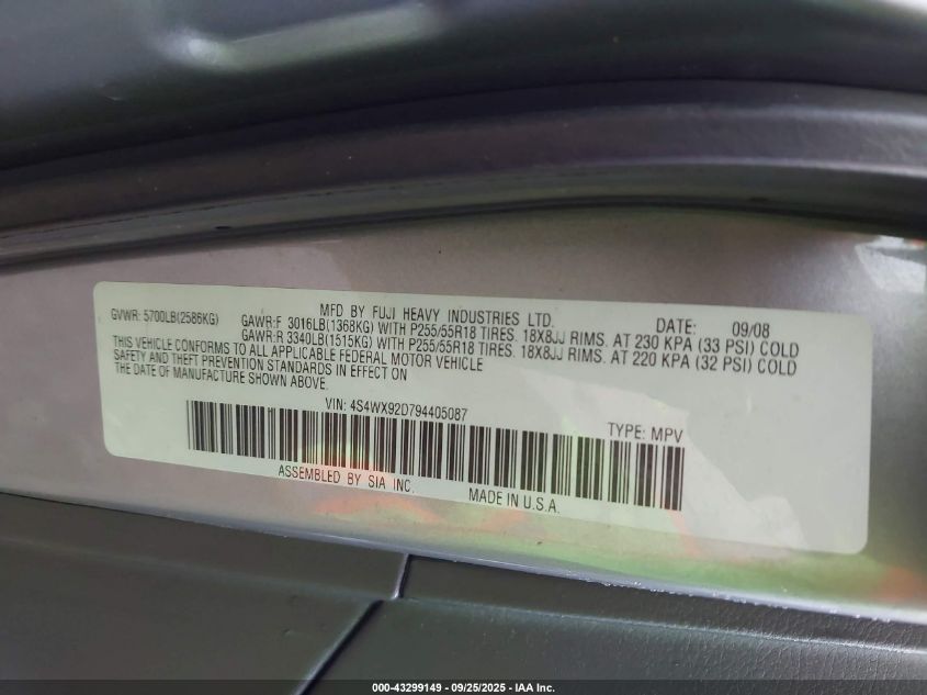 2009 Subaru Tribeca Limited 5-Passenger VIN: 4S4WX92D794405087 Lot: 43299149