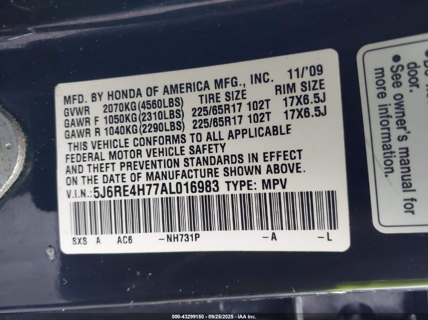 2010 Honda Cr-V Ex-L VIN: 5J6RE4H77AL016983 Lot: 43299150