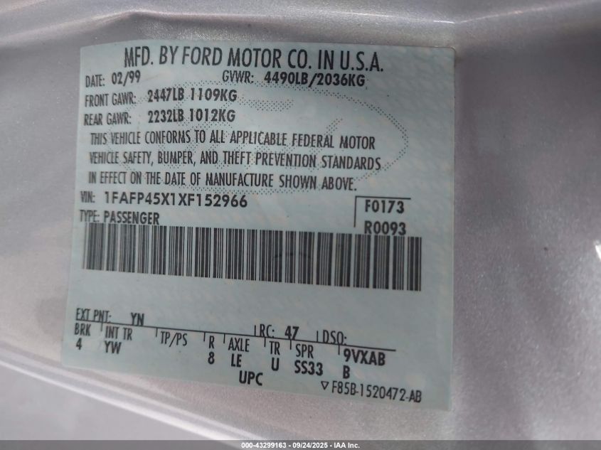 1999 Ford Mustang Gt VIN: 1FAFP45X1XF152966 Lot: 43299163