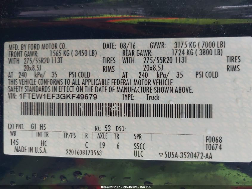 2016 Ford F-150 Lariat VIN: 1FTEW1EF3GKF49679 Lot: 43299167