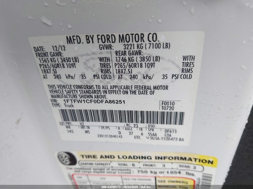 2013 Ford F-150 Xlt VIN: 1FTFW1CF0DFA86251 Lot: 43299173