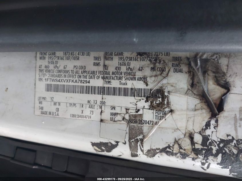 2015 Ford Transit-350 VIN: 1FTWS4XVXFKA78294 Lot: 43299178