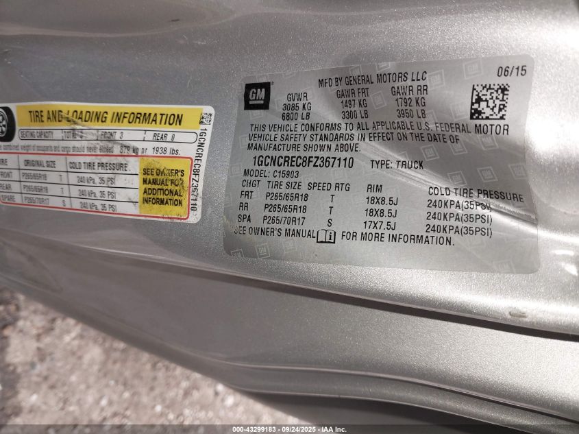 2015 Chevrolet Silverado 1500 2Lt VIN: 1GCNCREC8FZ367110 Lot: 43299183