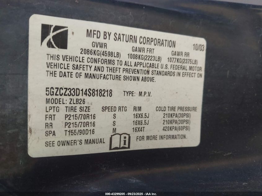 2004 Saturn Vue 4 Cyl VIN: 5GZCZ33D14S818218 Lot: 43299205