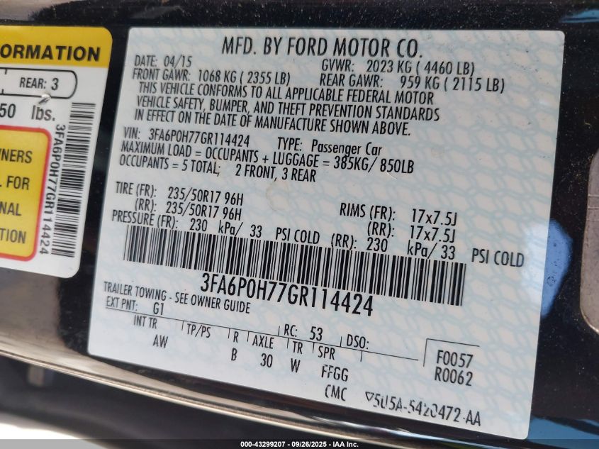 2016 Ford Fusion Se VIN: 3FA6P0H77GR114424 Lot: 43299207