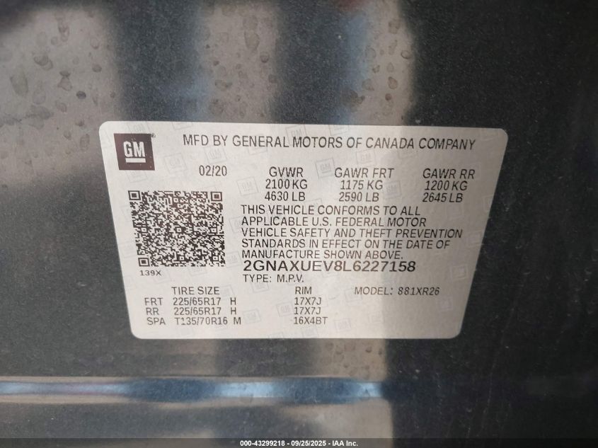 2020 Chevrolet Equinox Awd Lt 1.5L Turbo VIN: 2GNAXUEV8L6227158 Lot: 43299218