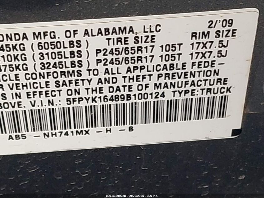 2009 Honda Ridgeline Rts VIN: 5FPYK16489B100124 Lot: 43299228